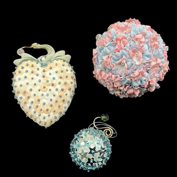 Vintage Christmas Ornaments Pink Blue Lot of 3 Handmade Beaded Sequins Holiday - Picture 1 of 7